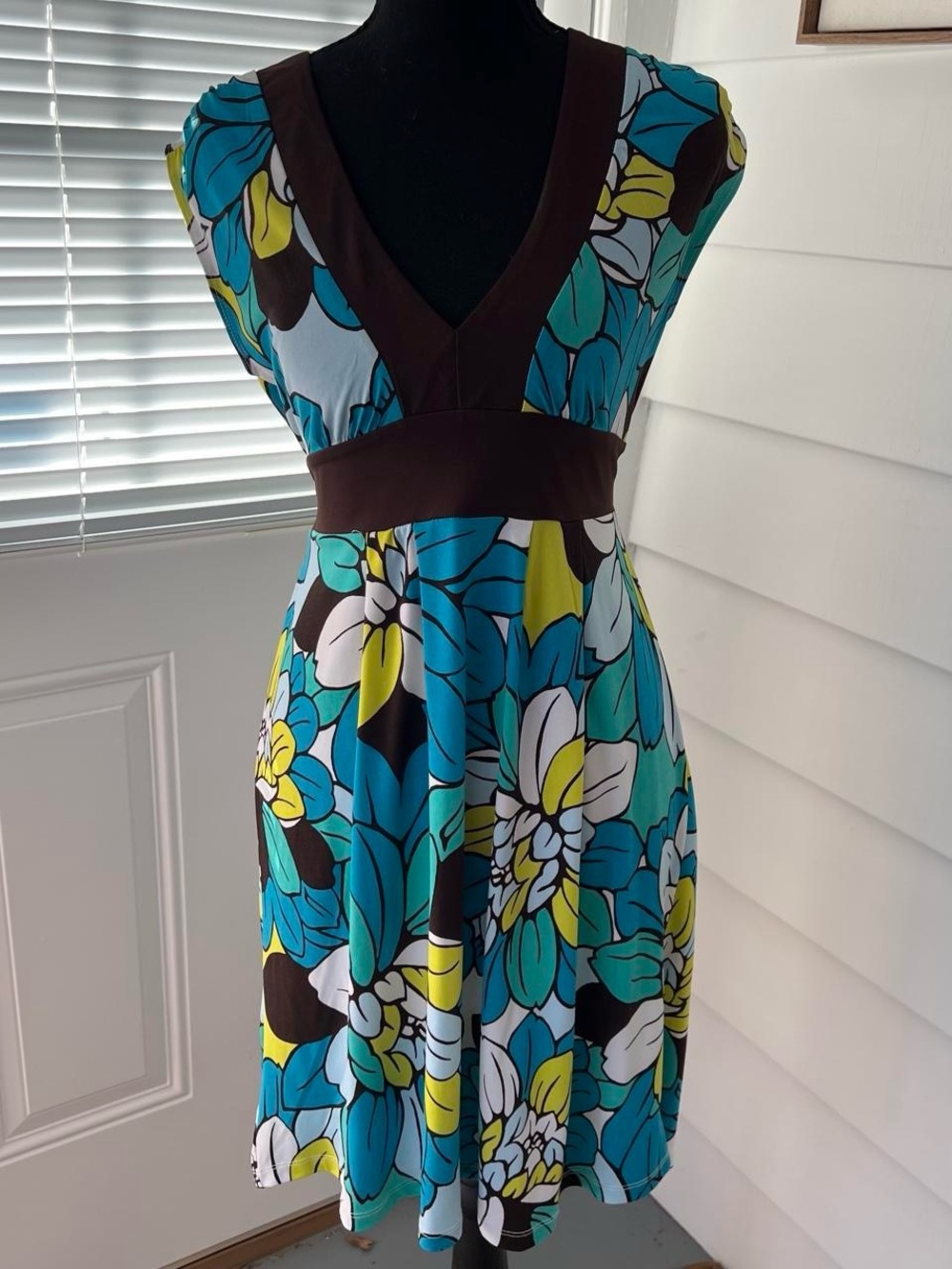 Y2K Babydoll Floral V-Neck A-Line Dress in Teal and Yellow